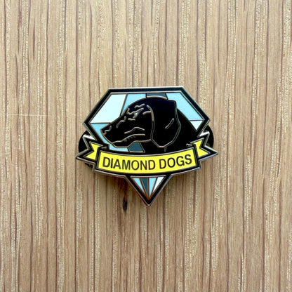 Metal Gear style military unit wolf pin on wooden background