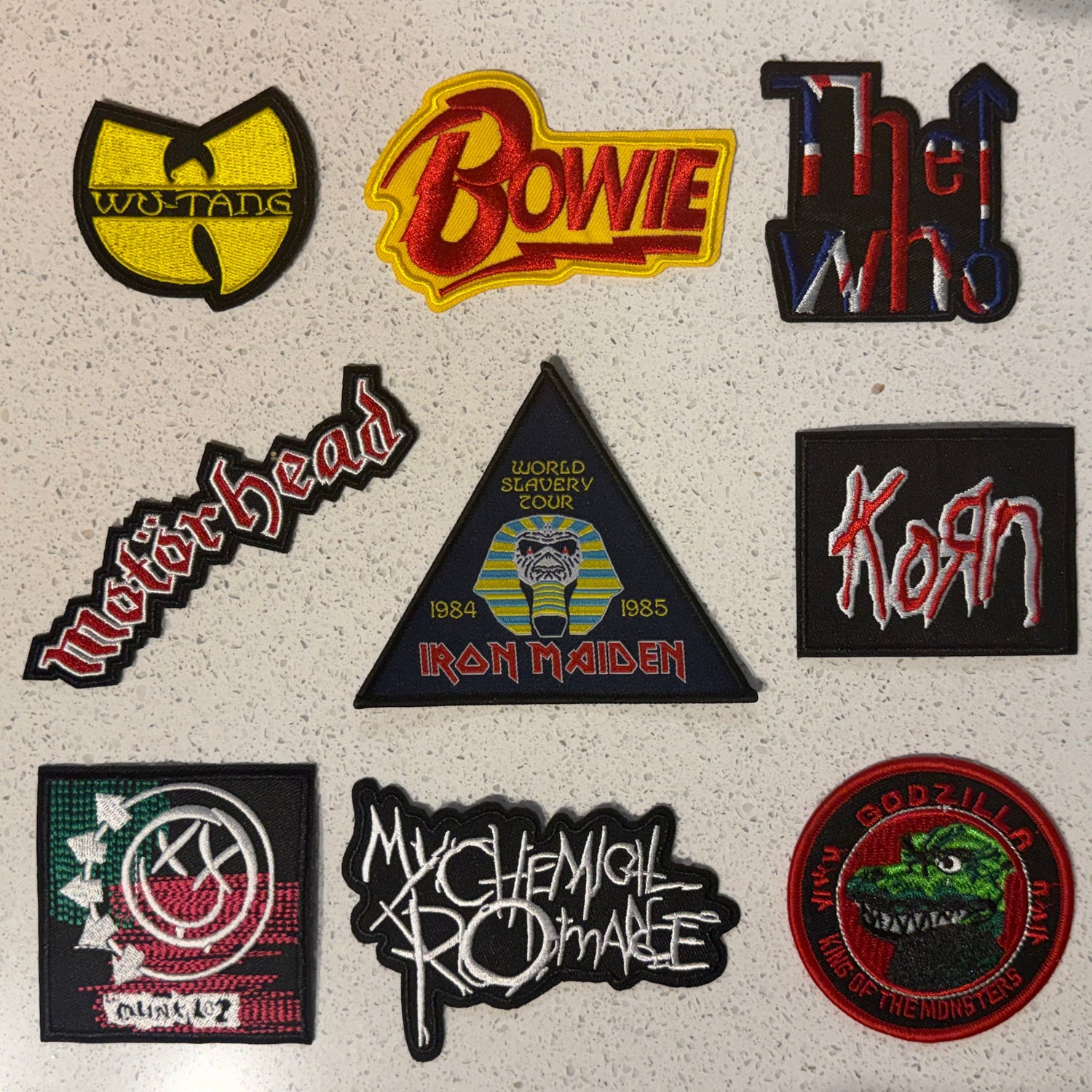 Choose from embroidered music and pop culture patches featuring Bowie, Iron Maiden, Korn, Blink-182, My Chemical Romance, Wu-Tang, Godzilla and more.