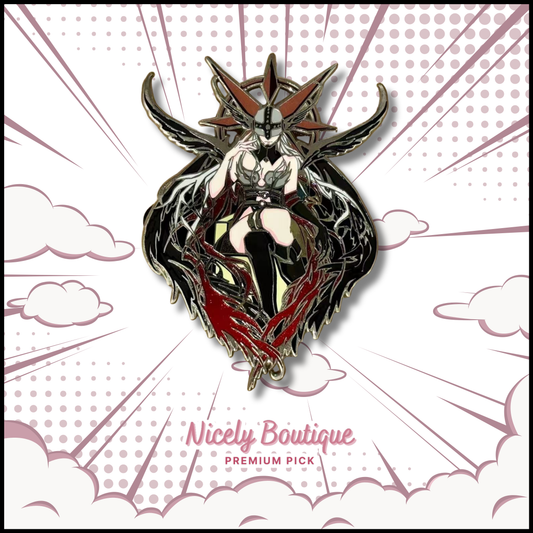 Dark angel inspired enamel pin with gothic anime style, black and red wings, intricate metal details on wooden background