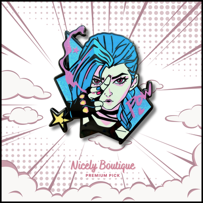 jinX inspired blue haired chaos girl enamel pin fan art
