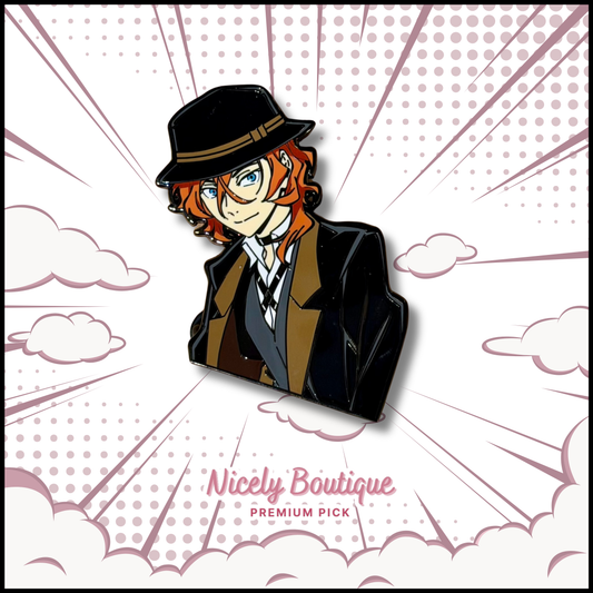 Dark academia anime inspired detective enamel pin with bandage details