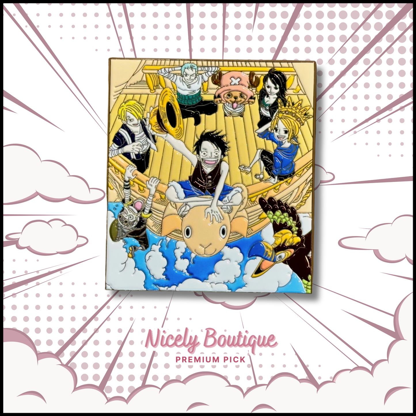 anime inspired pirate crew enamel pin featuring an adventure ship scene