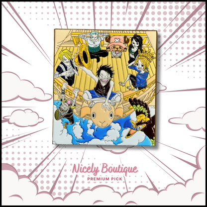 anime inspired pirate crew enamel pin featuring an adventure ship scene